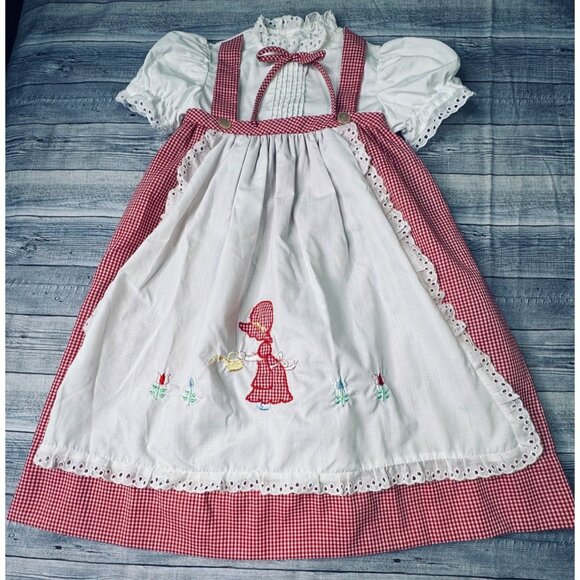 Vintage Merry Mites Girls 4T Red Gingham Dress With Embroidered Apron - Picture 1 of 13